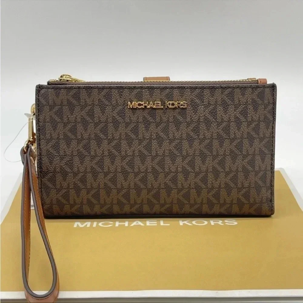Michael Kors Large Double Zip Wallet Wristlet Leather Rich Brown